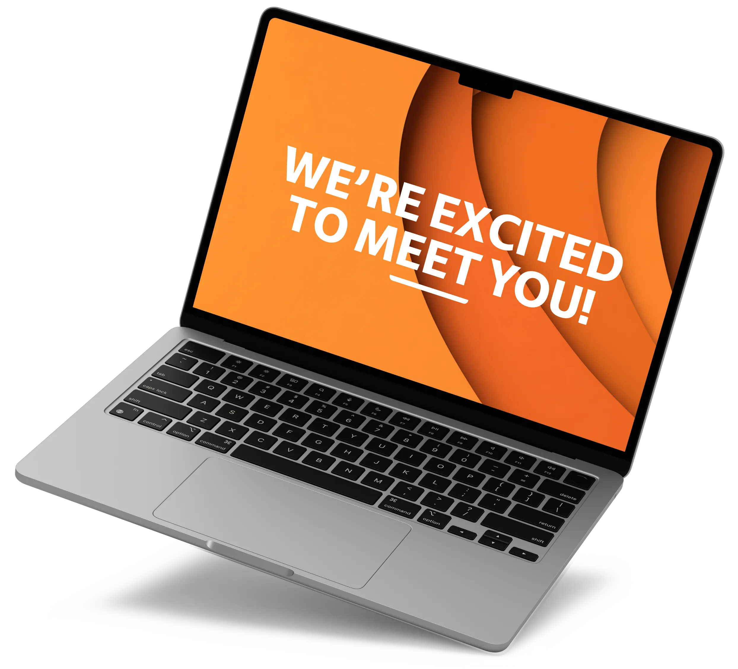 Laptop that says We're Excited to Meet You! on the screen